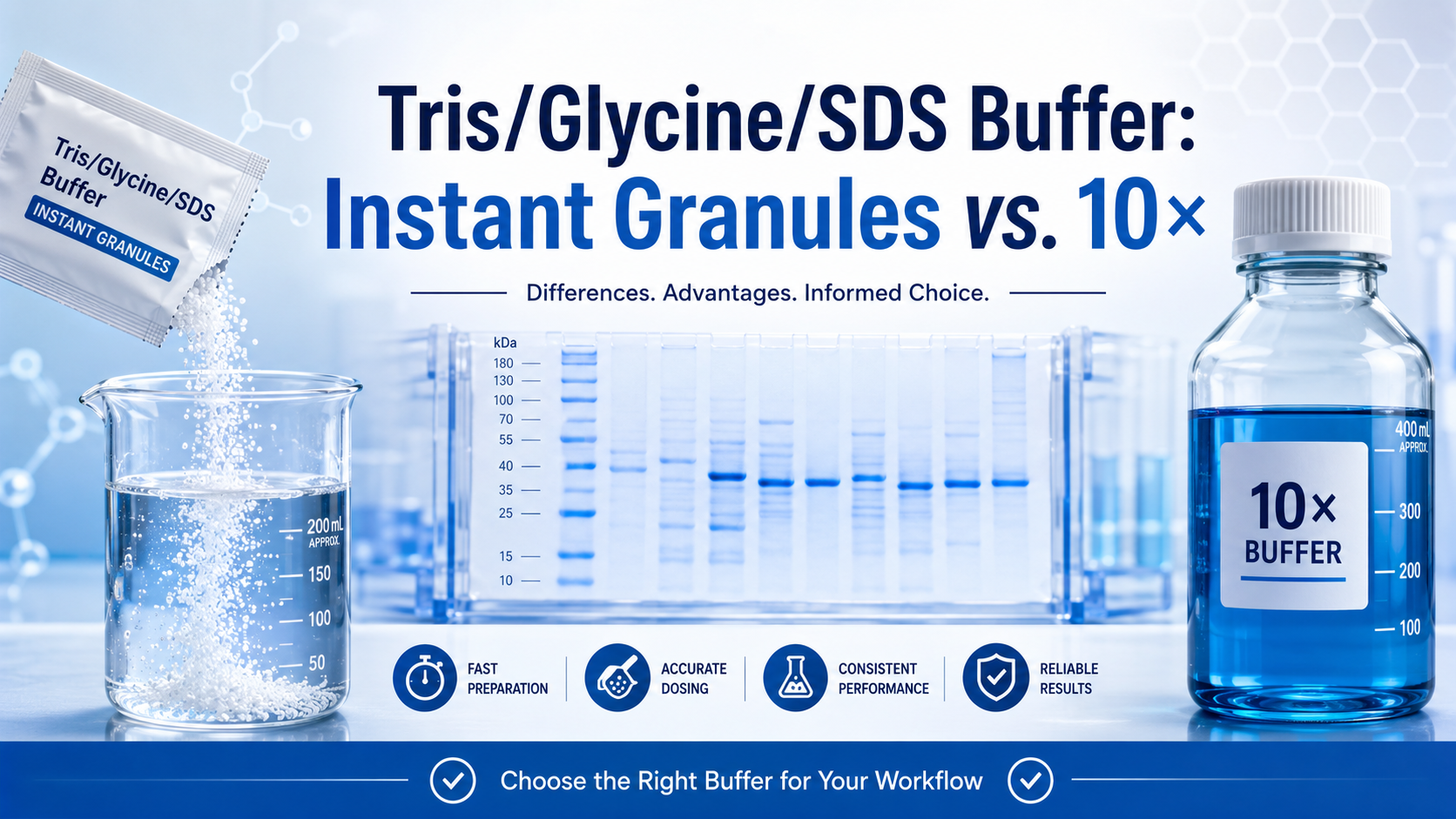 Tris/Glycine/SDS Electrophoresis Buffer Instant Granules vs. Tris/Glycine/SDS Electrophoresis Buffer (10×): Differences and Advantages